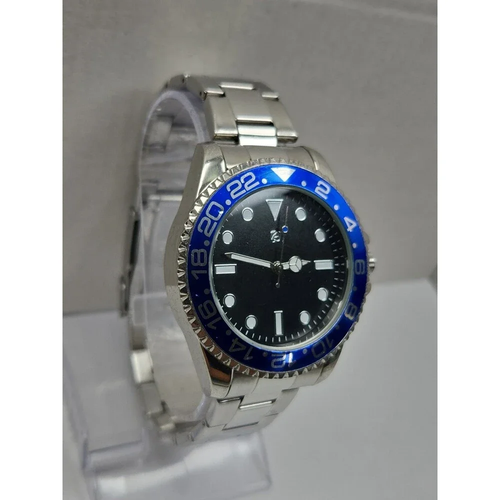 Auriol Mens Quartz Diver Style 46mm Watch Black Blue 24HR Bezel Date New Battery